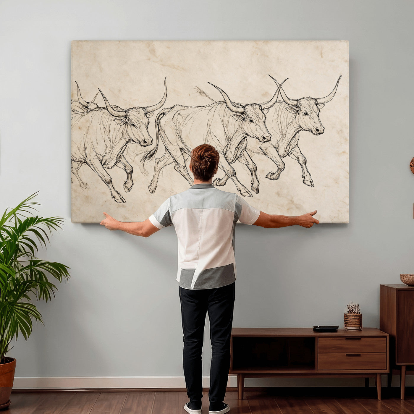 87177621-MGV-CV-36X24 - Minimalist Longhorn Line Art, Modern Texas Bull Canvas Print, Abstract Western Wall Decor, Continuous Line Artwork, Black White Ranch Gift