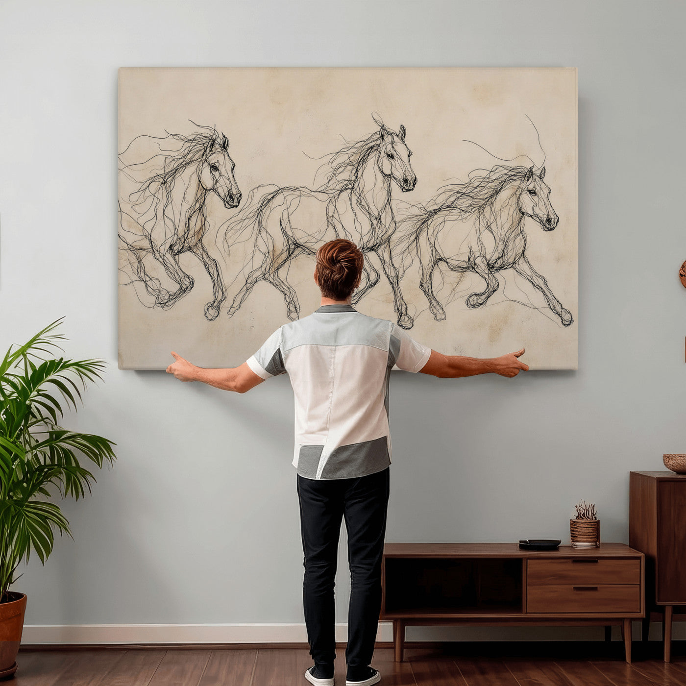 81051673-MGV-CV-36X24 - Abstract Horse Line Art Canvas, Gesture Sketch Wild Horses Print, Modern Scribble Artwork, Minimalist Equine Wall Decor, Rustic Studio Gift