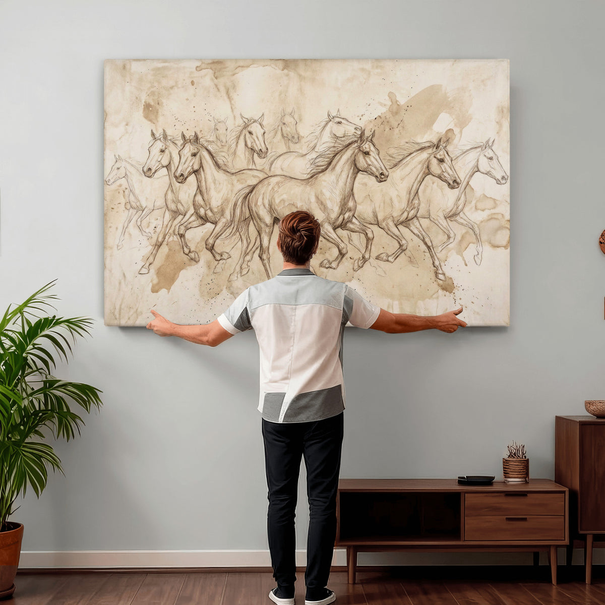 52233469-MGV-CV-36X24 - Vintage Horse Sketch Canvas Wall Art, Wild Horses Pencil Drawing Print, Antique Parchment Western Decor, Equine Sketching, Country Manor Gift