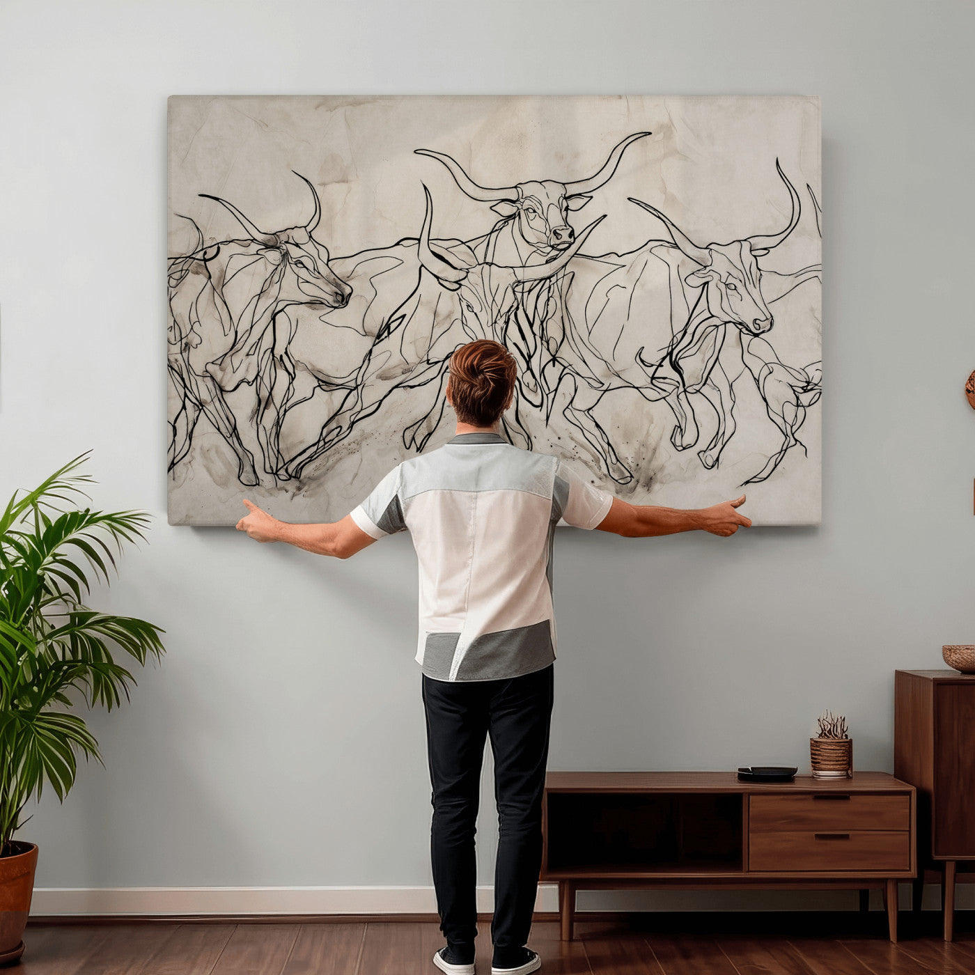 16671245-MGV-CV-36X24 - Minimalist Longhorn Line Art, Modern Texas Bull Canvas Print, Abstract Western Wall Decor, Continuous Line Artwork, Black White Ranch Gift