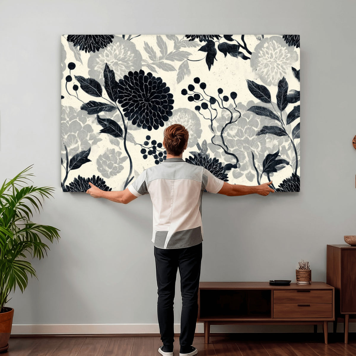 61524791-MGV-CV-36X24 - Vintage Black Chrysanthemum Wall Art Canvas Print, Monochrome Dhalia Floral Painting Print