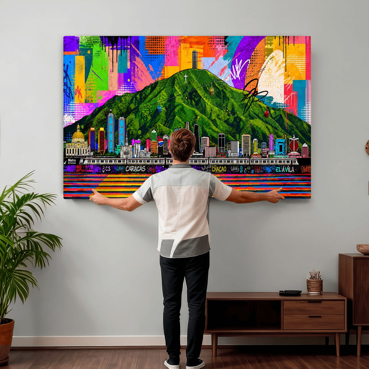 86696255-MGV-CV-36X24 - Mount Ávila, Caracas, Venezuela Wall Art Print by Artist Yorlette - Graffiti Caracas Skyline Canvas Art, Colorful Street Artwork - Venezuela El Avila Poster Print