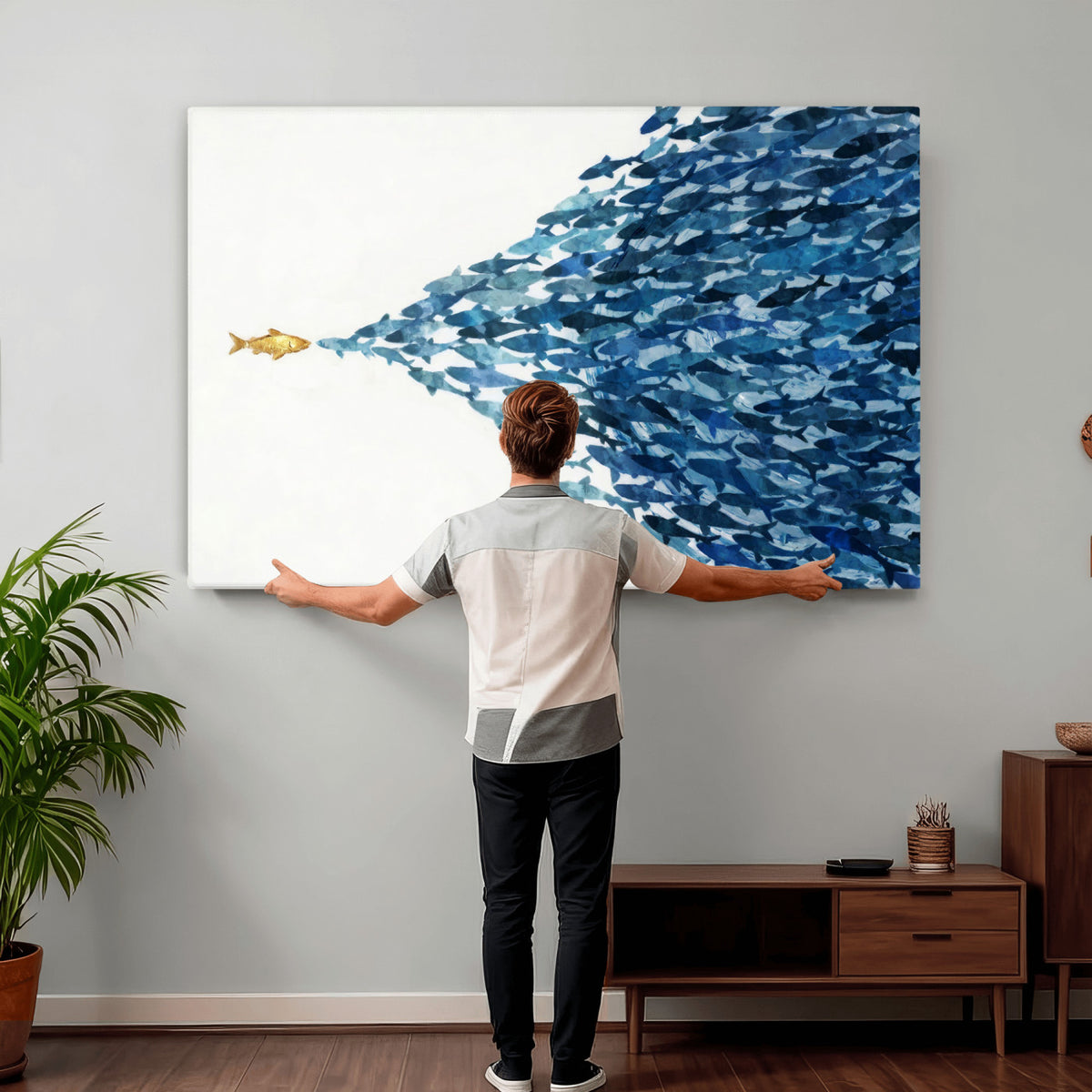 79089639-MGV-CV-36X24 - Abstract Blue Fish School Canvas Wall Art, Gold Foil Accent Marine Print