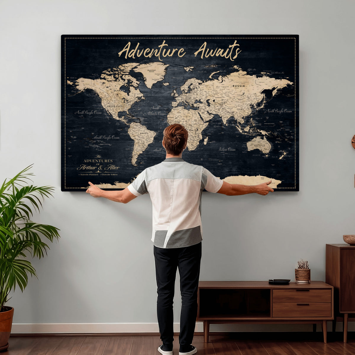688173822-MGV-CV-36X24 - Extra Large Vintage Personalized Push Pin World Map Wall Art Canvas Print