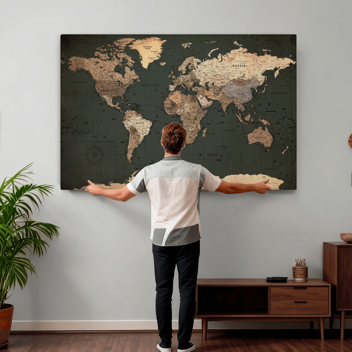 42327656-MGV-CV-36X24 - Extra Large Framed Personalize Push Pin World Map Wall Art Canvas Print for Travel Tracking
