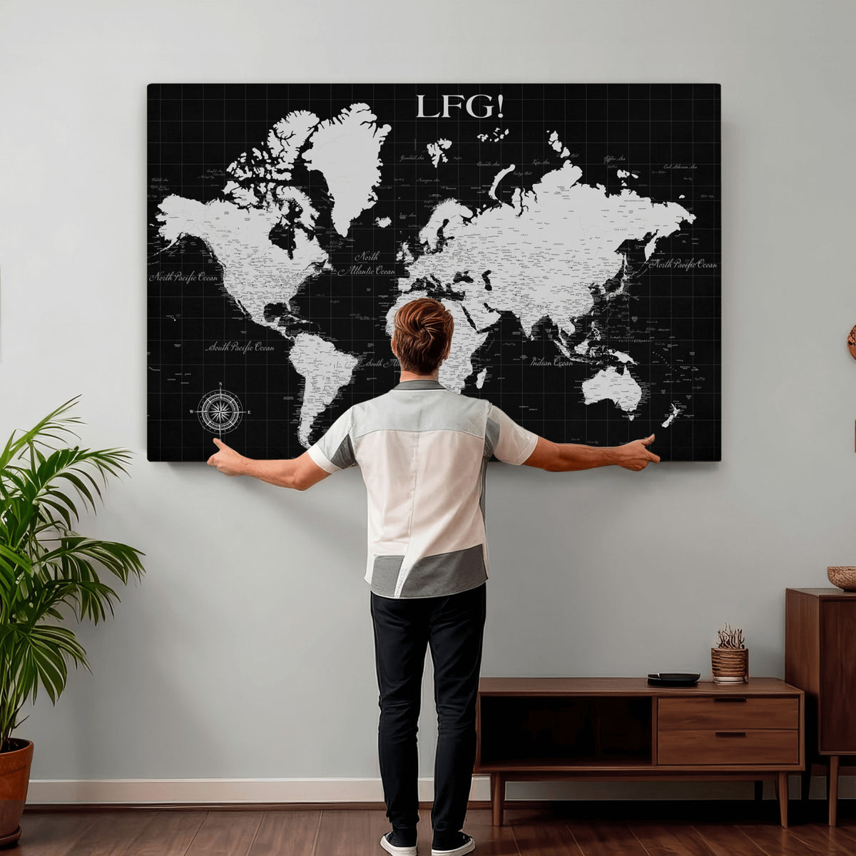 68209291-MGV-CV-36X24 - Extra Large Framed Personalize Push Pin World Map Wall Art Canvas Print for Travel Tracking