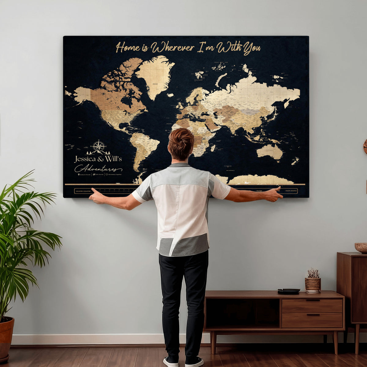 43430657-MGV-CV-36X24 - Extra Large Framed Personalize Push Pin World Map Wall Art Canvas Print for Travel Tracking