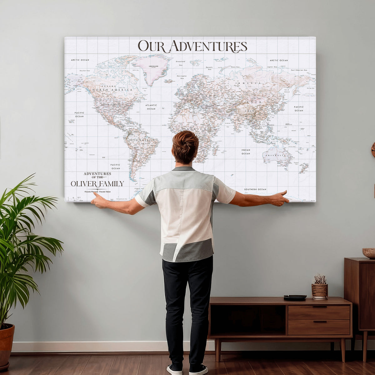18074626D3DD-MGV-CV-36X24 - Extra Large Framed Personalize Push Pin World Map Wall Art Canvas Print for Travel Tracking NEWMAP - 015