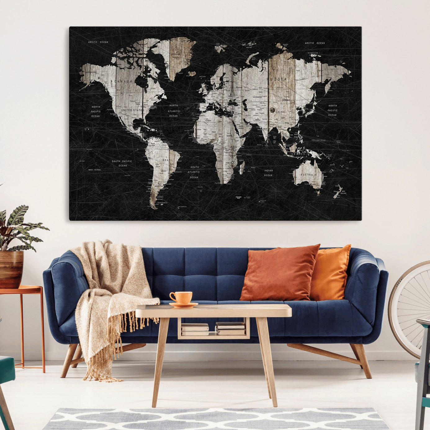 89998-MGV-CV-36X24-Rustic Black and Wood World Map Canvas Wall Art – Framed Push Pin Travel Map for Home and Office Decor, Modern Vintage Wall Artwork