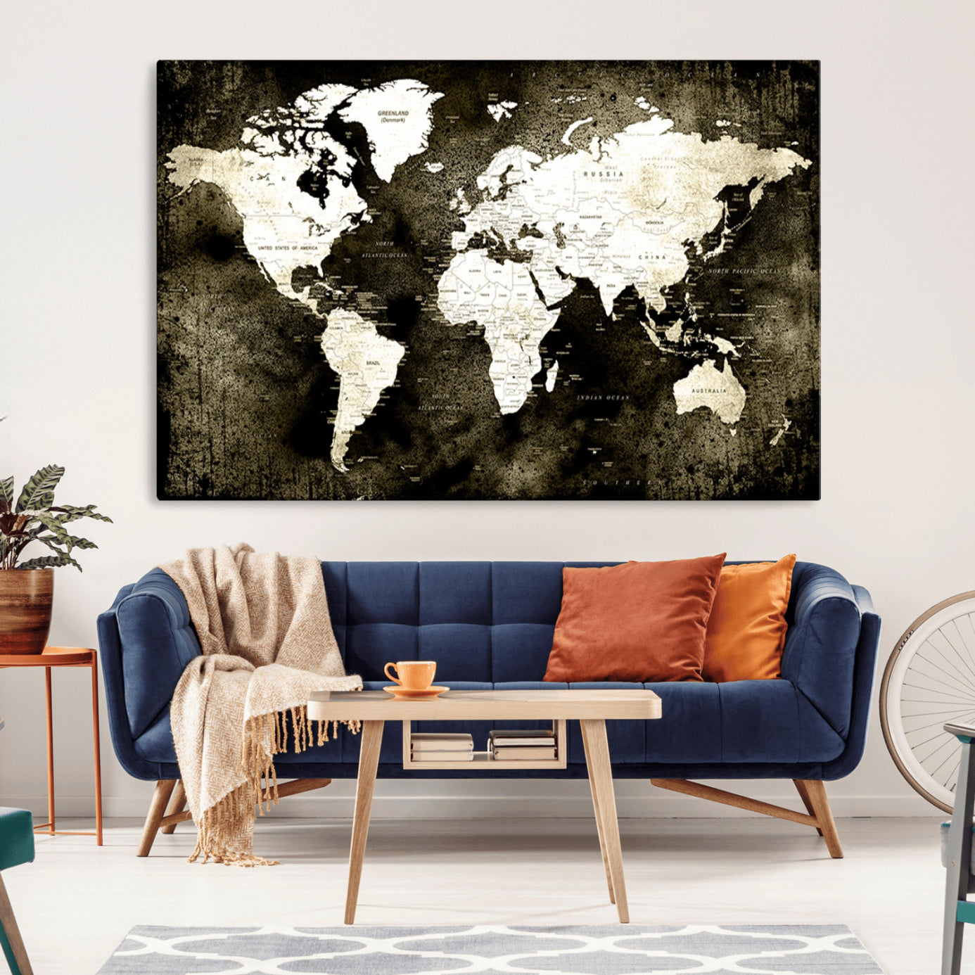66737-MGV-CV-36X24-Vintage World Map Canvas Wall Art – Framed Push Pin Travel Map for Home and Office Decor, Rustic Wall Artwork for Travelers