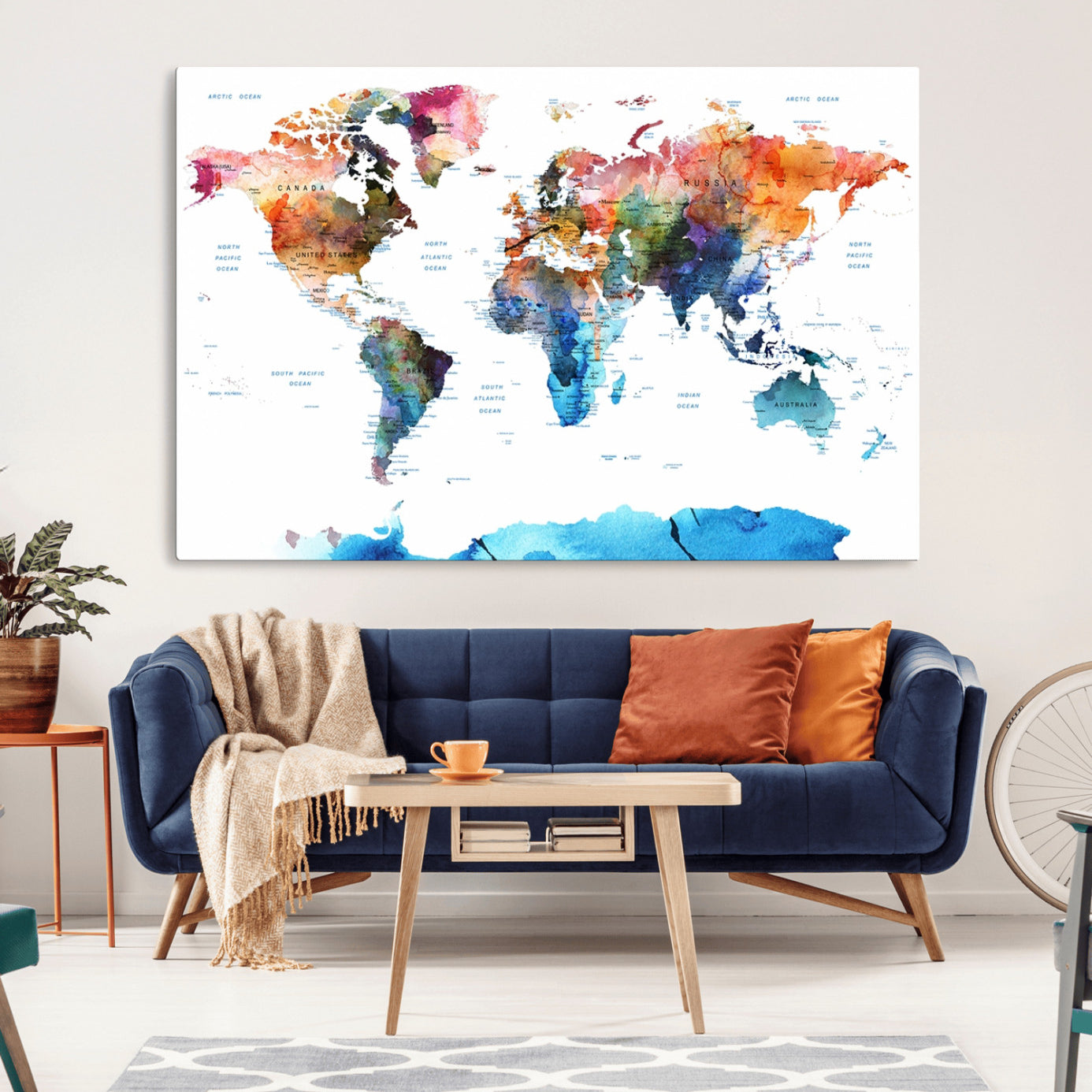 11576-MGV-CV-36X24-Vibrant Watercolor World Map Canvas Wall Art – Framed Push Pin Travel Map for Home and Office Decor, Modern Colorful Wall Artwork