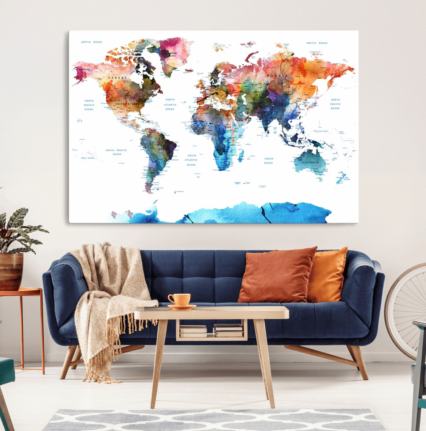 11576-MGV-CV-36X24-Vibrant Watercolor World Map Canvas Wall Art – Framed Push Pin Travel Map for Home and Office Decor, Modern Colorful Wall Artwork