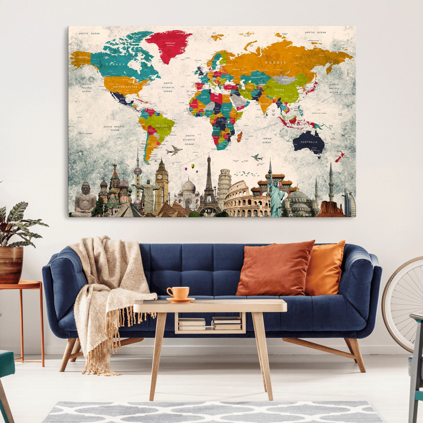98056-MGV-CV-36X24-Colorful World Map Canvas Wall Art with Landmarks – Framed Travel Map Print for Home and Office Decor, Perfect Gift for Travel Lovers