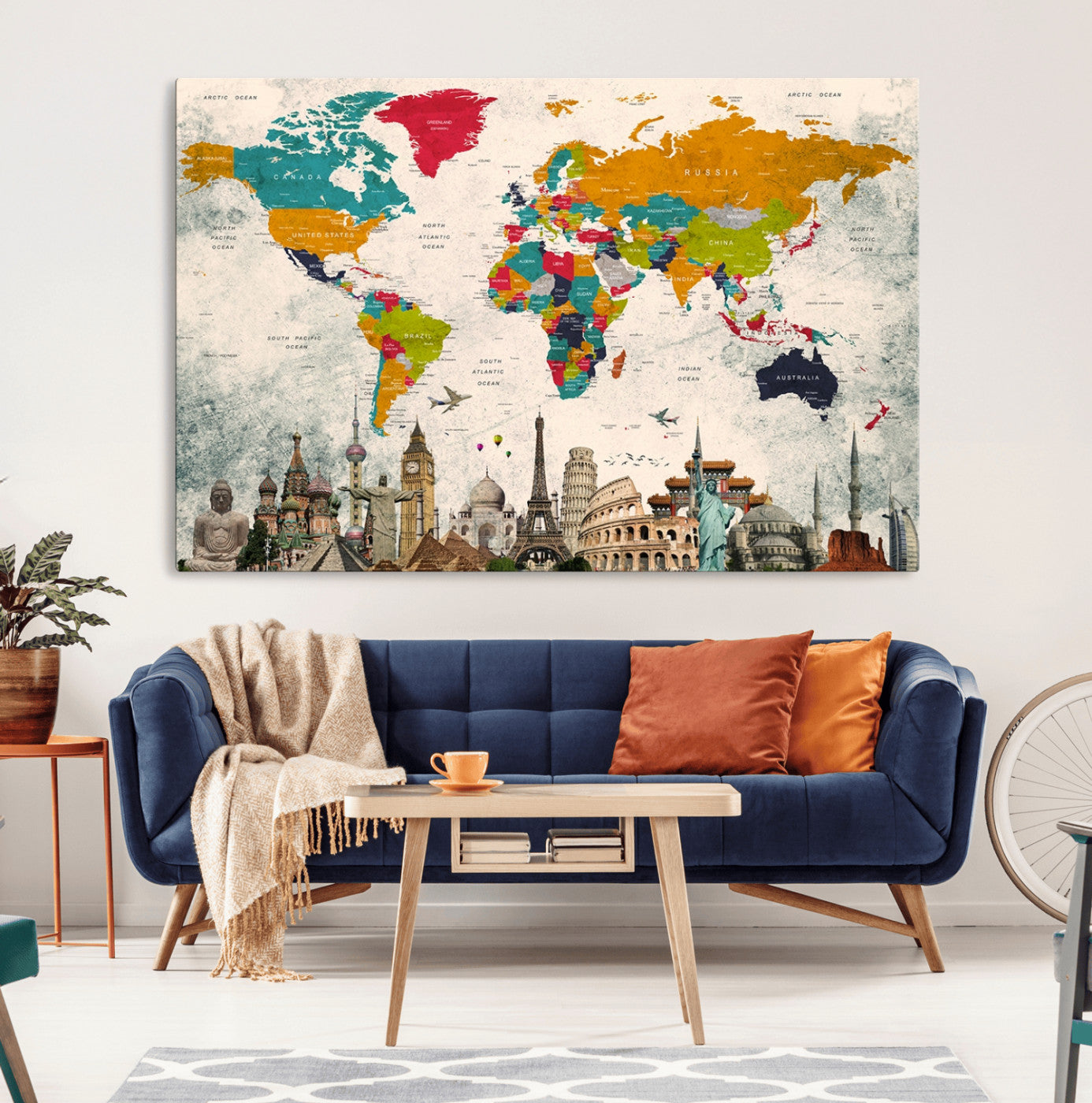 98056-MGV-CV-36X24-Colorful World Map Canvas Wall Art with Landmarks – Framed Travel Map Print for Home and Office Decor, Perfect Gift for Travel Lovers