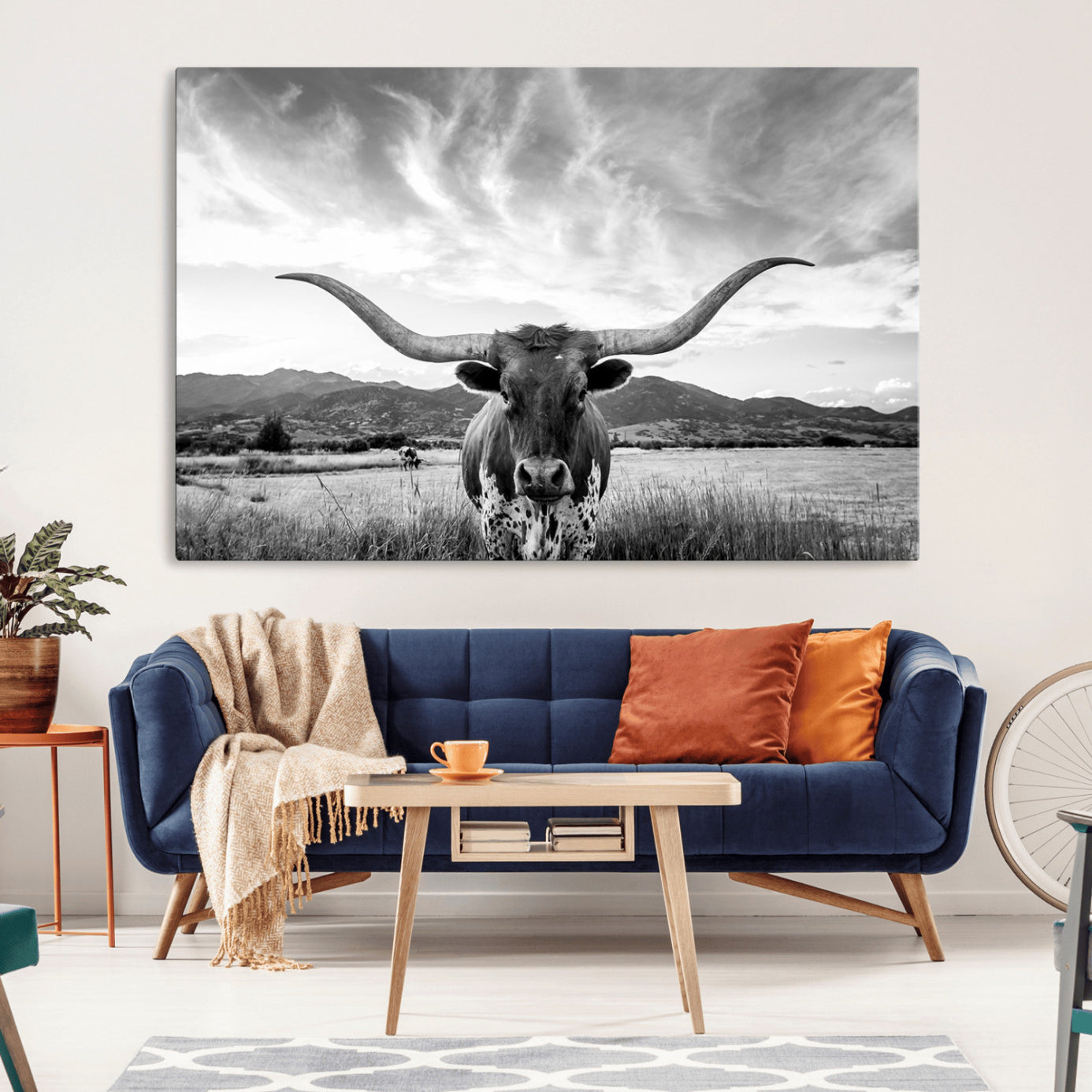 79527-MGV-CV-36X24-Longhorn Black and White Wall Art – Rustic Western Bull Canvas Print, Farmhouse Country Decor for Living Room, Office or Ranch, Cowboy Wall Artwork
