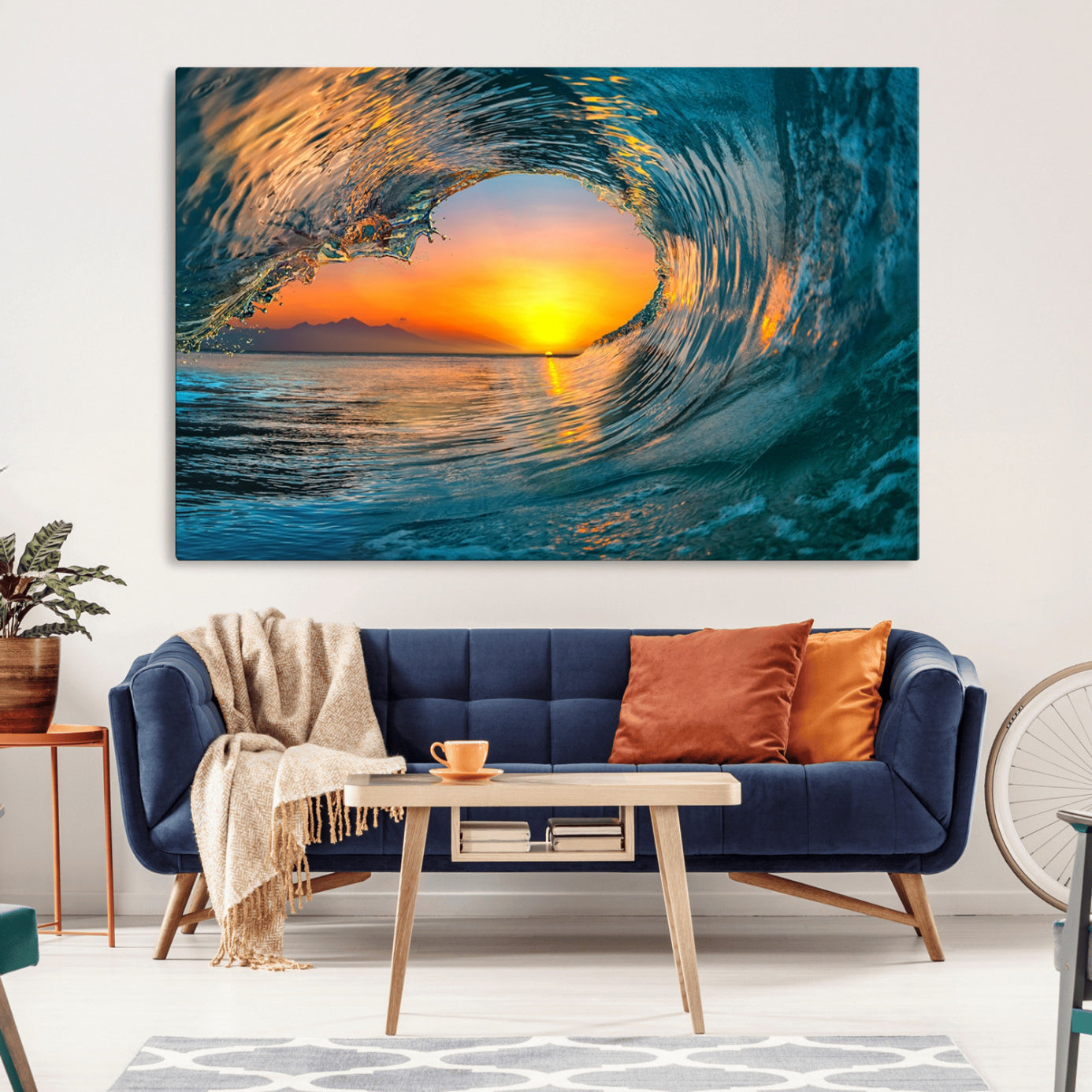 84279-MGV-CV-36X24-Ocean Wave Sunset Wall Art | Large Coastal Wave Canvas Print | 3-Panel Ocean Sunset Seascape for