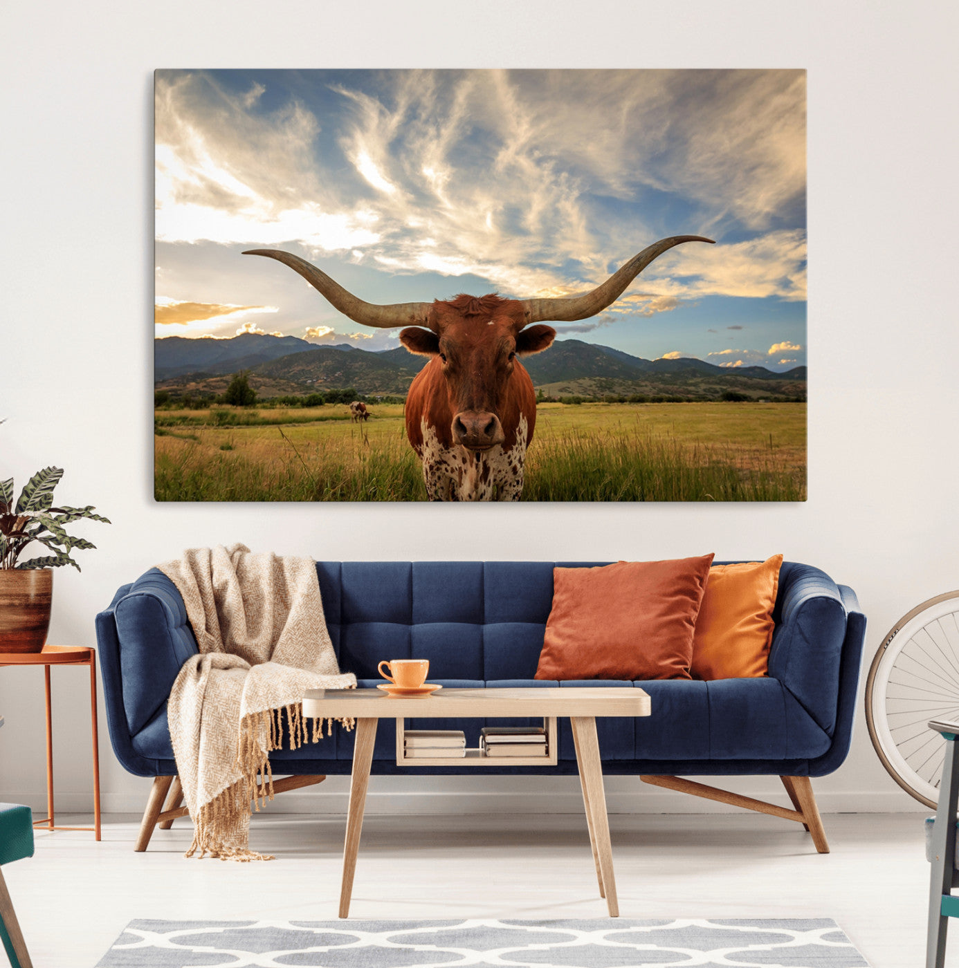 55416-MGV-CV-36X24-Texas Longhorn Canvas Wall Art – Majestic Triptych Animal Print – Rustic Western Decor for Living