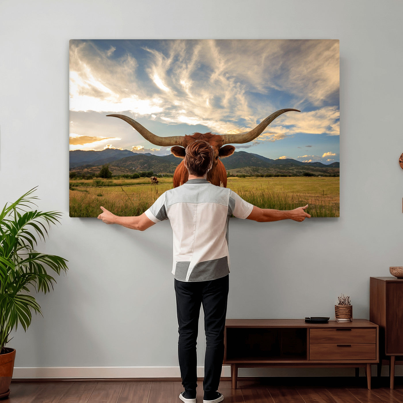 55416-MGV-CV-36X24 - Texas Longhorn Canvas Wall Art – Majestic Triptych Animal Print – Rustic Western Decor for Living Room