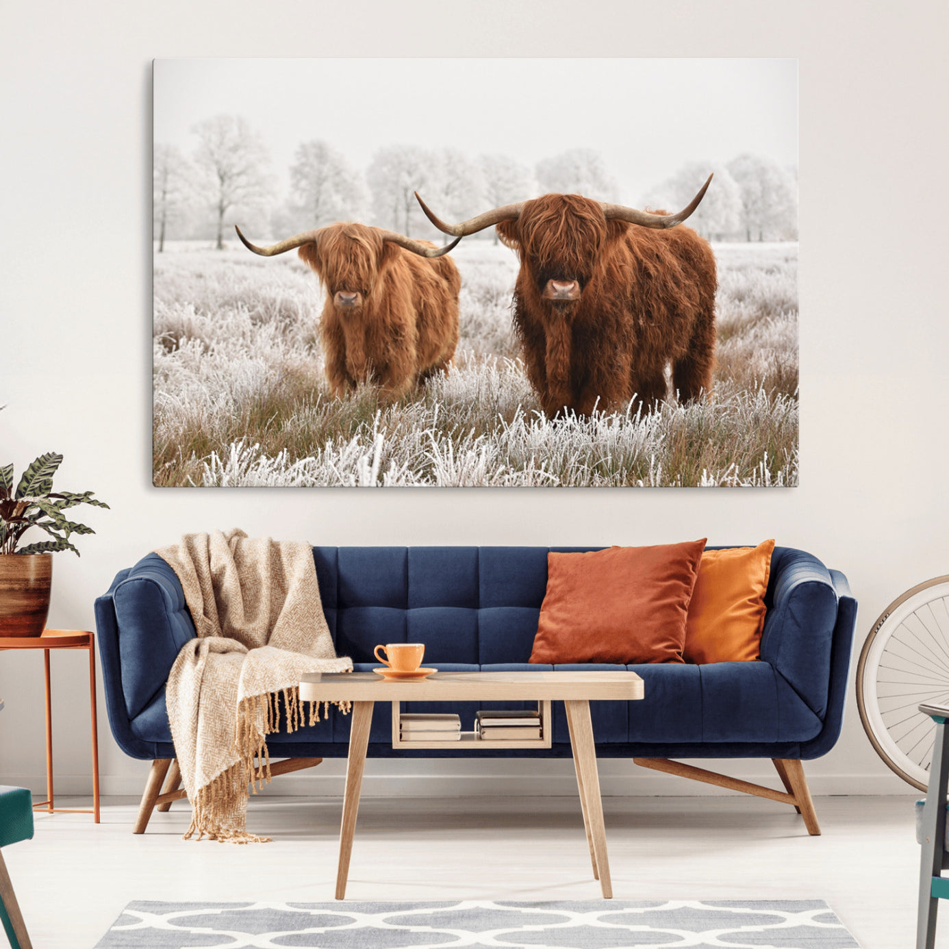 -Longhorn Cattle Wall Art Canvas Print, Framed Farmhouse Style Art Picture Print, Rustic Cow Perfect Rustic Farmhouse Decor Artwork