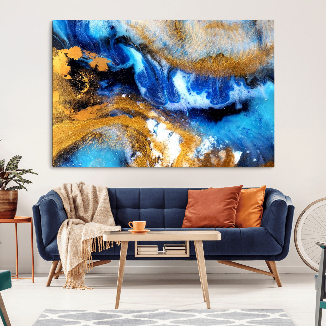 42100-MGV-CV-36X24-Blue Orange Marble Fluid Effect Canvas Wall Art Print