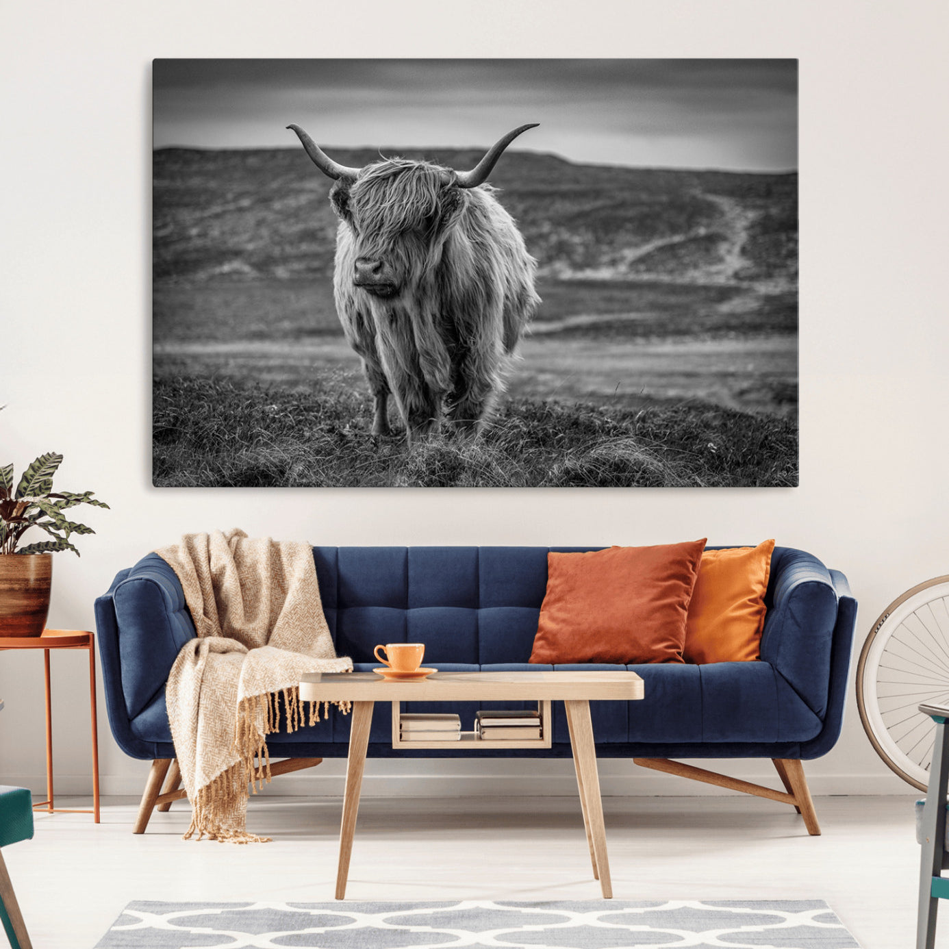 -Fluffy Cattle Wall Art Print, Highland Cow Canvas, Framed Black and white Wall Art