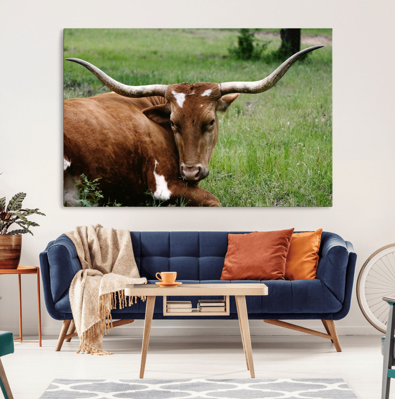45997-MGV-CV-36X24-Longhorn Steer Canvas Wall Art – Rustic Nature Triptych Decor for Living Room or Office – Ready to
