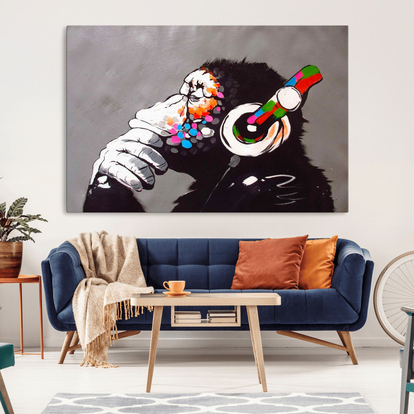 56887-MGV-CV-36X24-Dj Monkey Listening to Music Wall Art Print | Banksy Monkey Large Canvas Print for Living Room,
