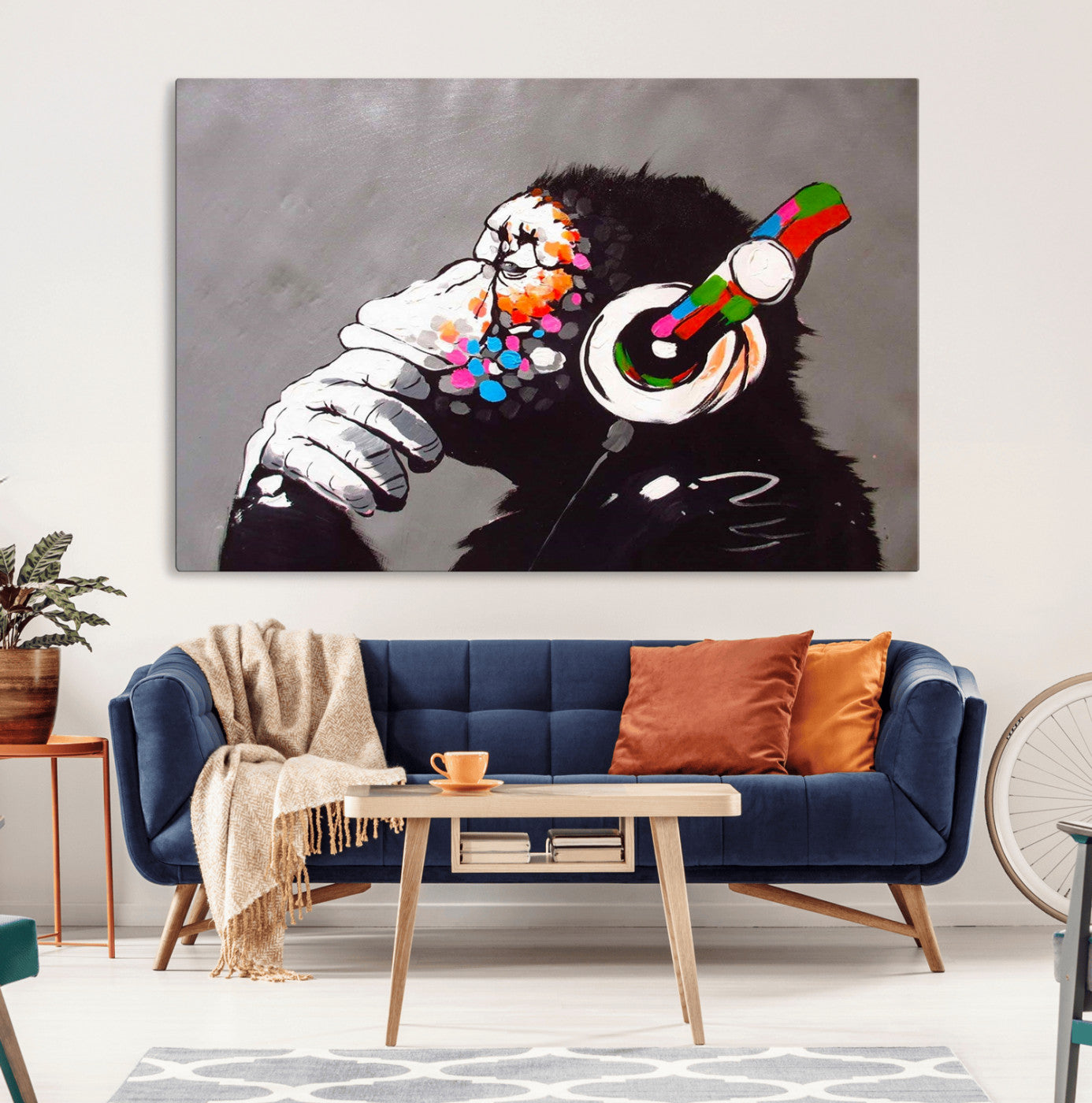 56887-MGV-CV-36X24-Dj Monkey Listening to Music Wall Art Print | Banksy Monkey Large Canvas Print for Living Room,