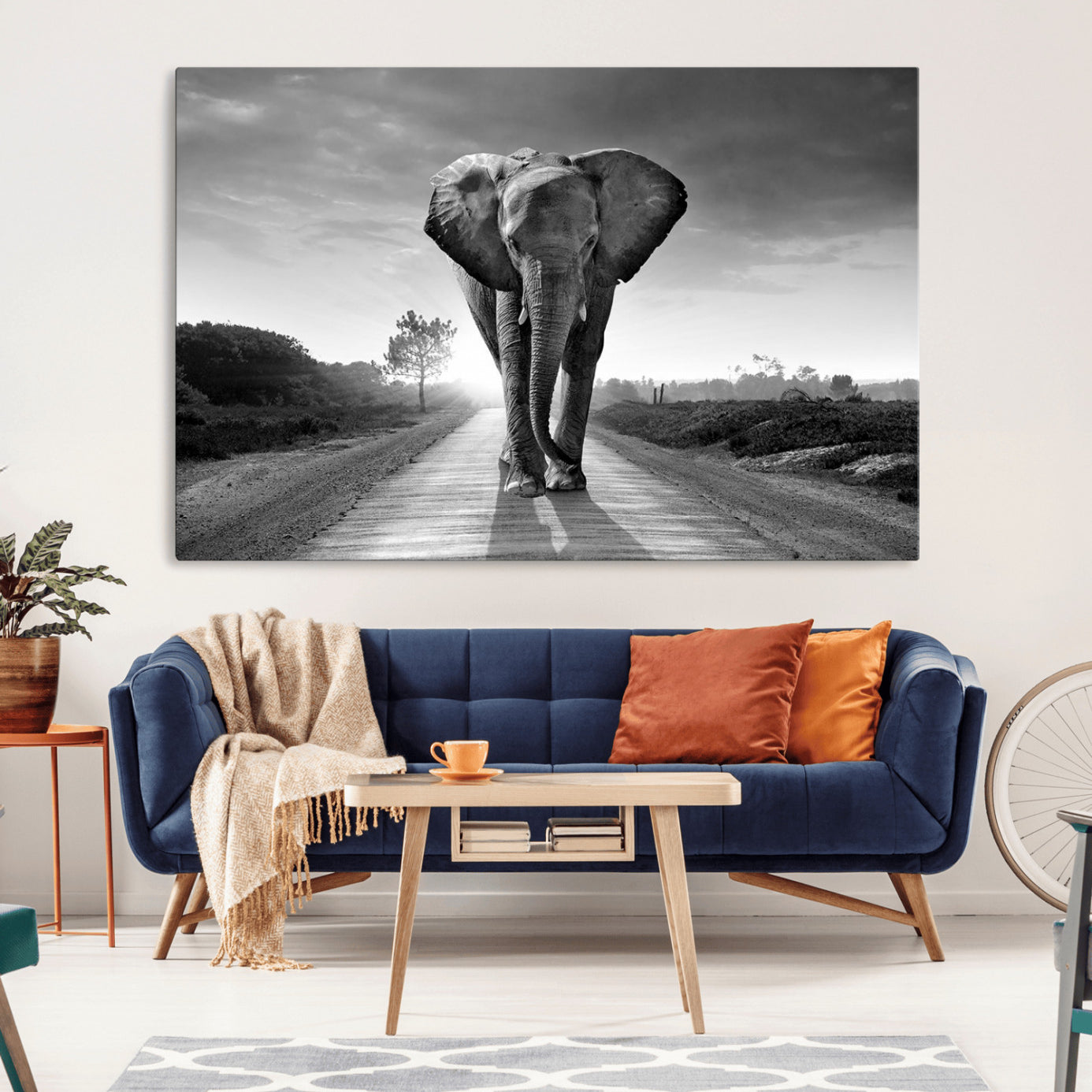 -Black and White Elephant Wall Art Canvas Print
