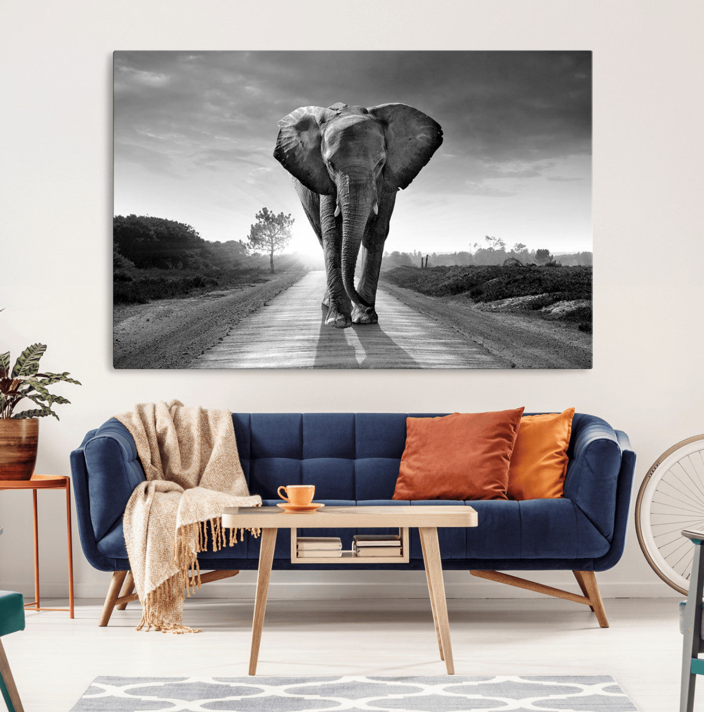-Black and White Elephant Wall Art Canvas Print