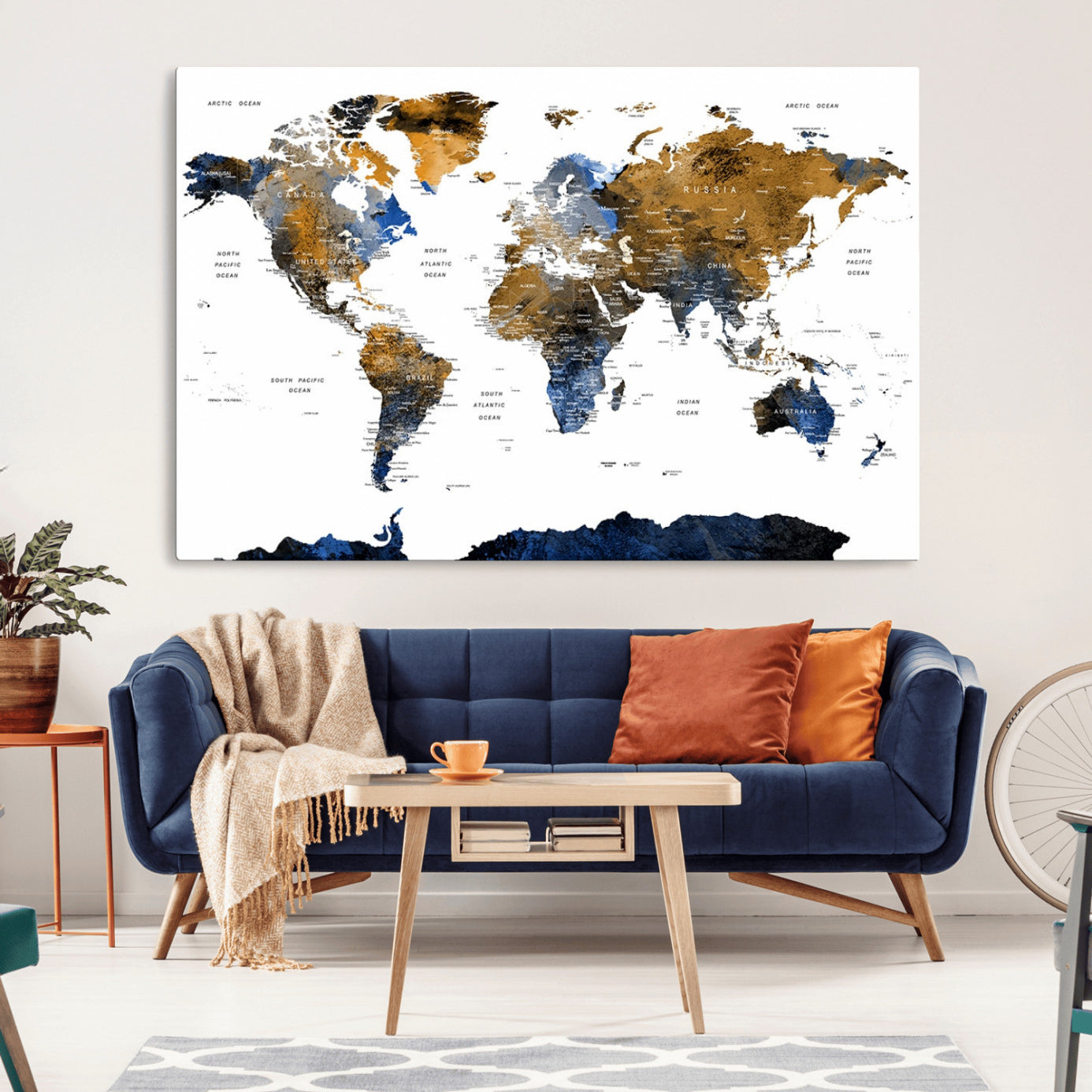32677-MGV-CV-36X24-Modern Abstract World Map Canvas Wall Art – Framed Blue and Gold Map Print, Elegant Contemporary Travel Decor for Home and Office Walls