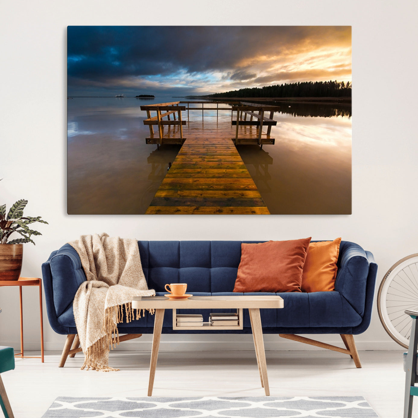 -Serene Lake Pier at Sunset Canvas Print | Landscape Canvas Print | Ready to Hang and Framed Wall Art