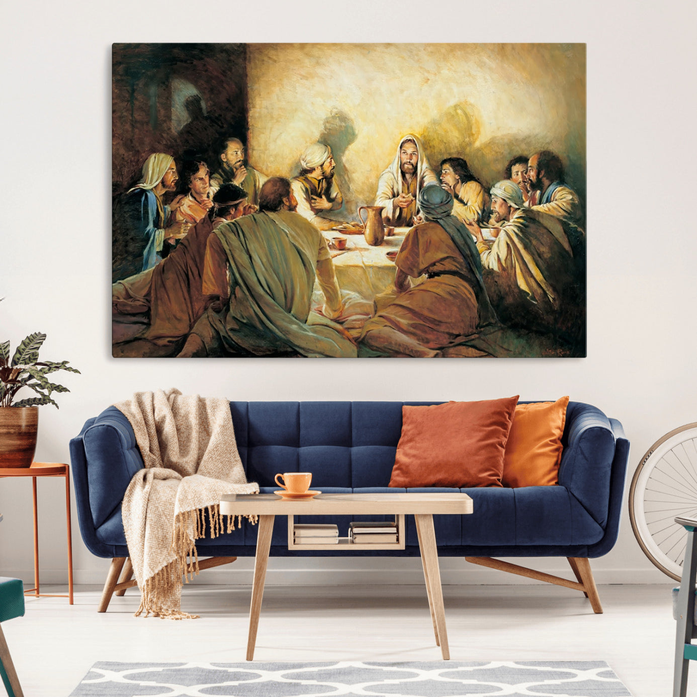 Framed canvas print of the Last Supper, depicting Jesus and his disciples, perfect for religious or Christian-themed home decor.