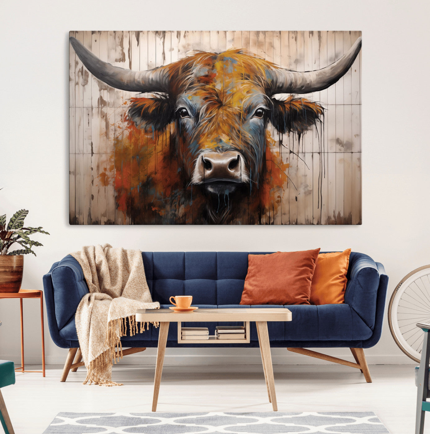-Scottish Highland Cow Cattle Art Print on Wood Style Background
