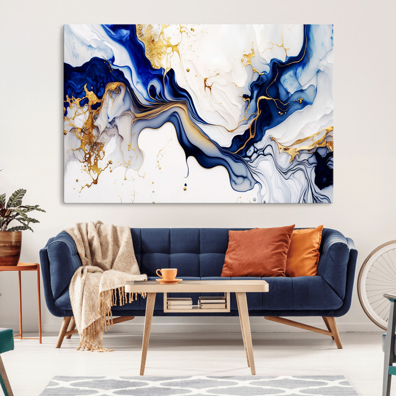93392-MGV-CV-36X24-Golden Cascades on Midnight Blue – Deep Blue Abstract Wall Art Flowing Elegance | Wall Art Canvas,