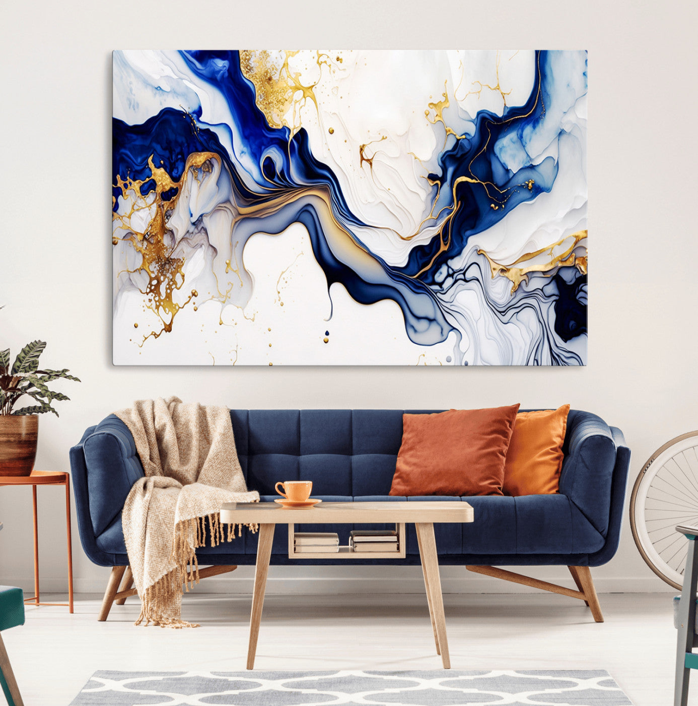 93392-MGV-CV-36X24-Golden Cascades on Midnight Blue – Deep Blue Abstract Wall Art Flowing Elegance | Wall Art Canvas,