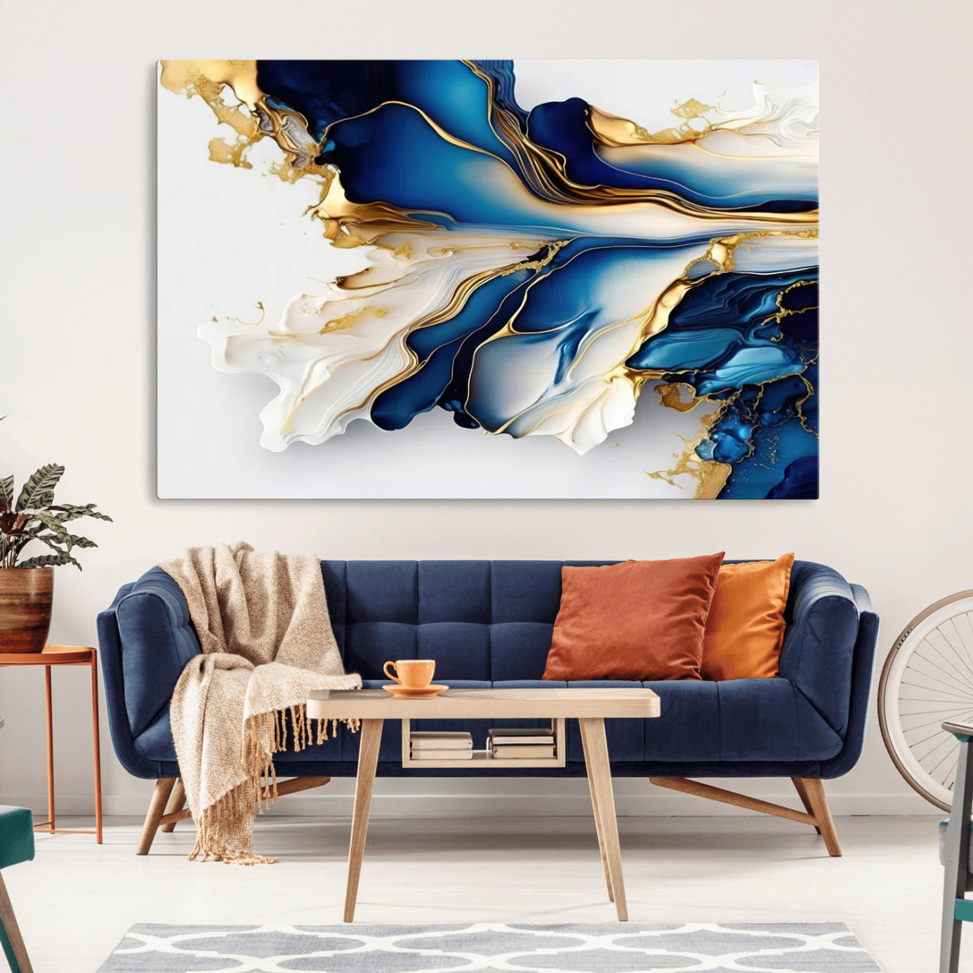 65693-MGV-CV-36X24-Gold Marble Art - Abstract Geode Gold And Blue Marble Shape 3 Pieces Wall Art Canvas Print