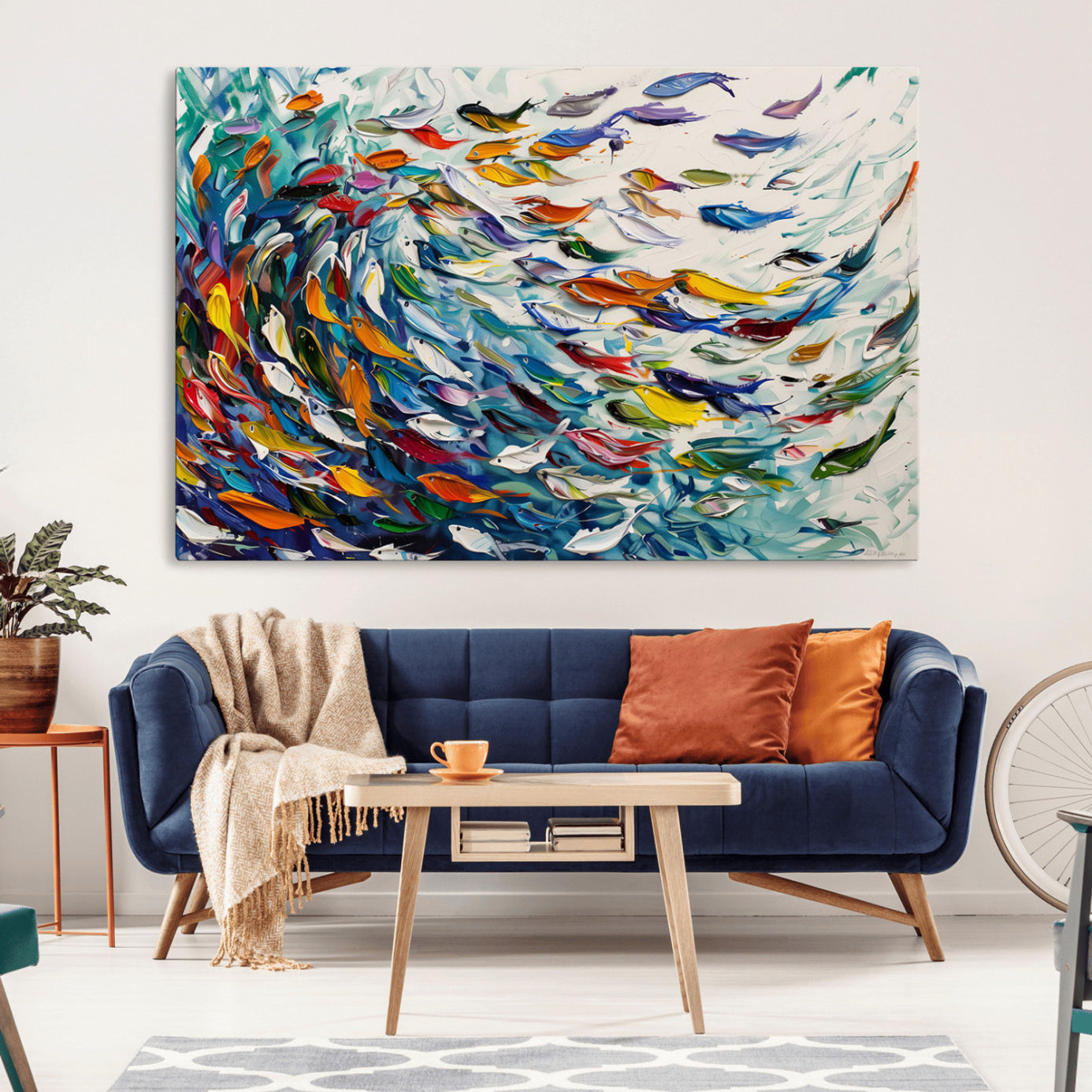 -Modern Abstract Fish Shoal Wall Art Canvas Print, Colorful Fish Herd Painting on Canvas Print, Ocean