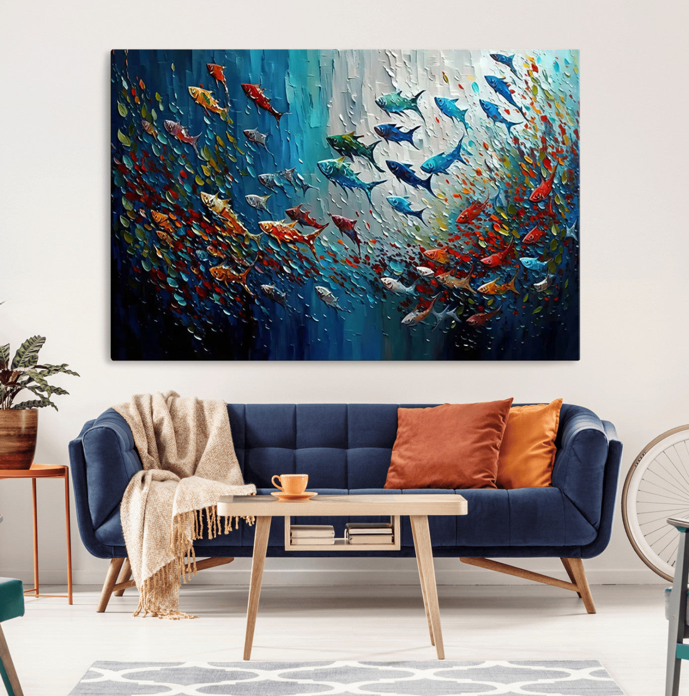 89626-MGV-CV-36X24-Modern Abstract Fish Shoal Wall Art Canvas Print, Colorful Fish Herd Painting on Canvas Print, Ocean