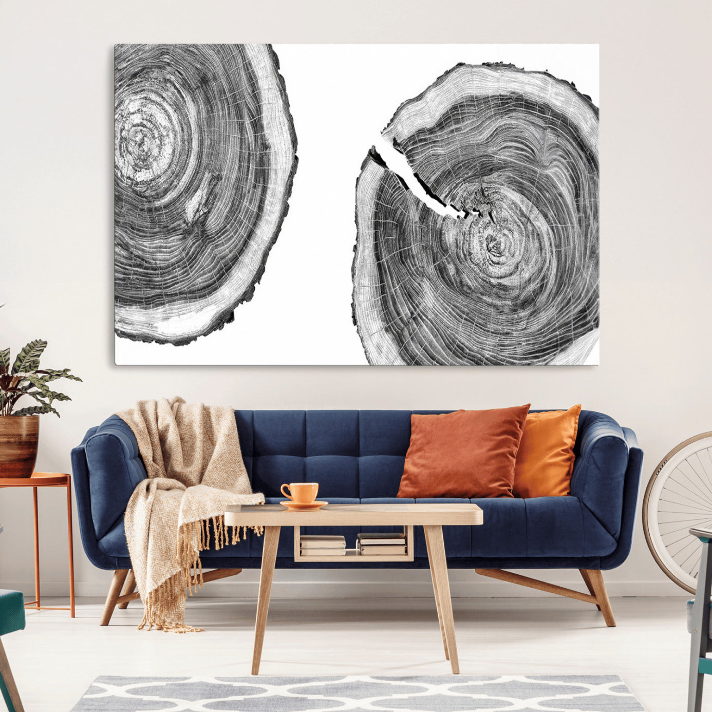 23016-MGV-CV-36X24-Modern Black and White Tree Rings Canvas Wall Art – Nature Inspired Wood Slice Print – Minimalist