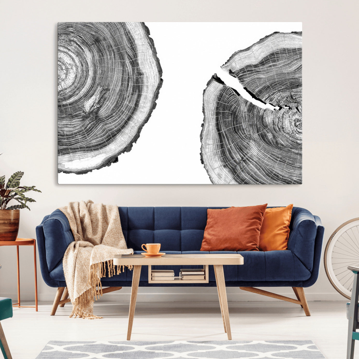 52770-MGV-CV-36X24-Abstract Large Tree Rings – Minimalist Black and White Wood Art | Triptych Canvas, Modern Wall Decor