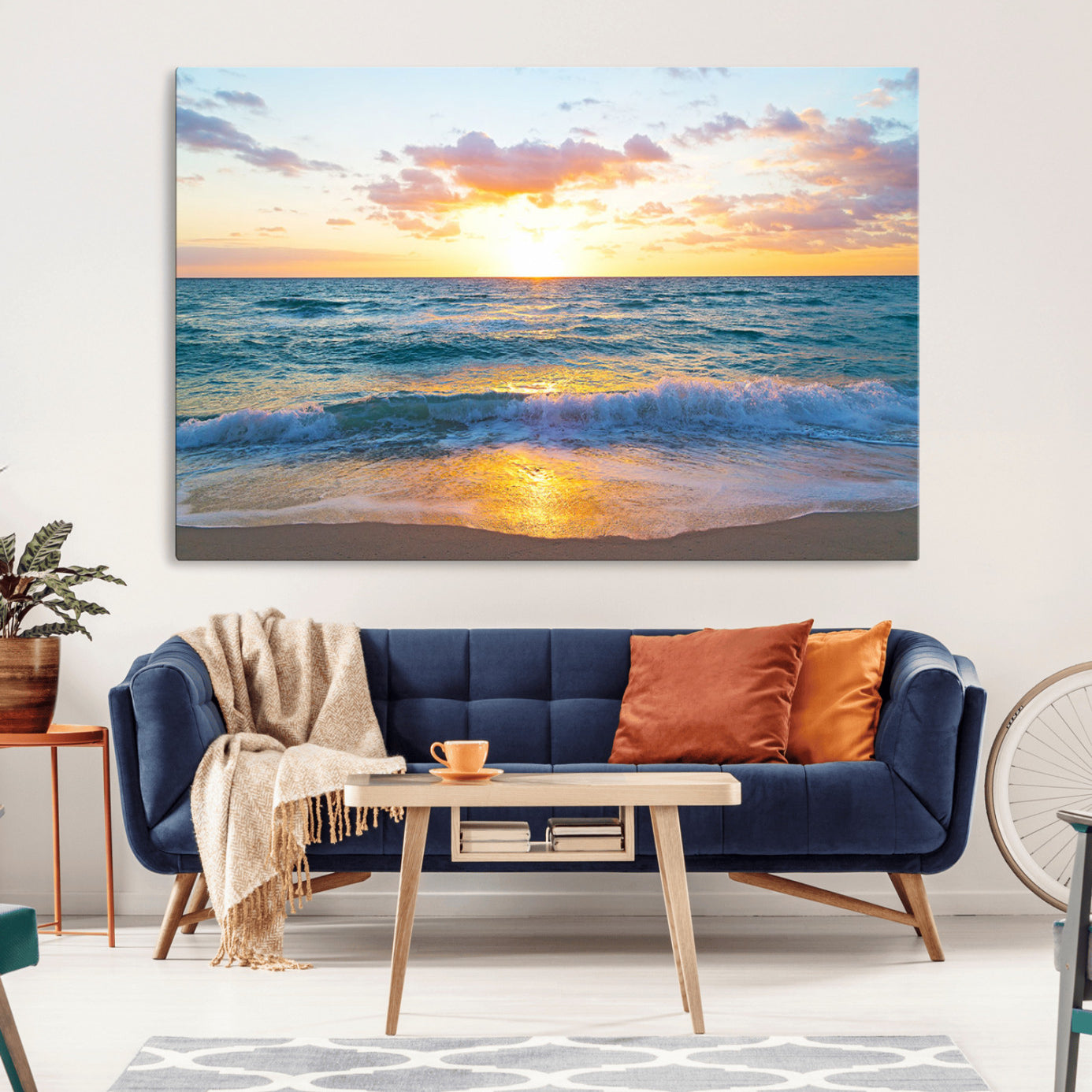 63383-MGV-CV-36X24-Golden Sunset Over Ocean Waves - Serene Coastal Triptych Wall Art for Relaxing Home Decor, Ready to