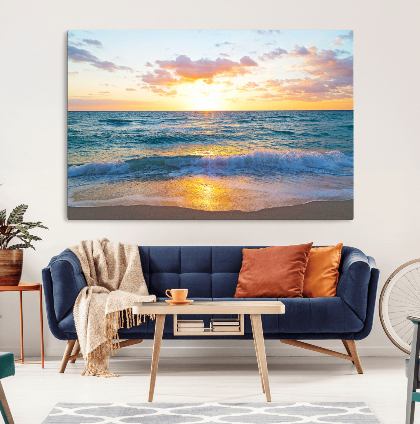 63383-MGV-CV-36X24-Golden Sunset Over Ocean Waves - Serene Coastal Triptych Wall Art for Relaxing Home Decor, Ready to