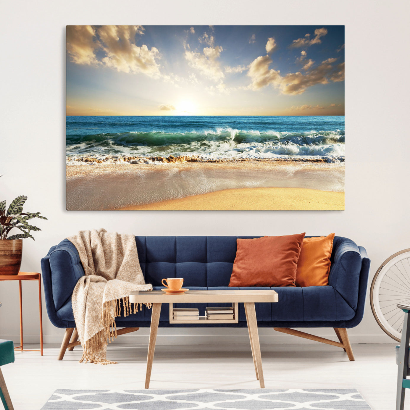 83376-MGV-CV-36X24-Golden Sunset Beach Triptych Canvas Wall Art for Living Room – 3-Panel Ocean View, Framed & Ready to