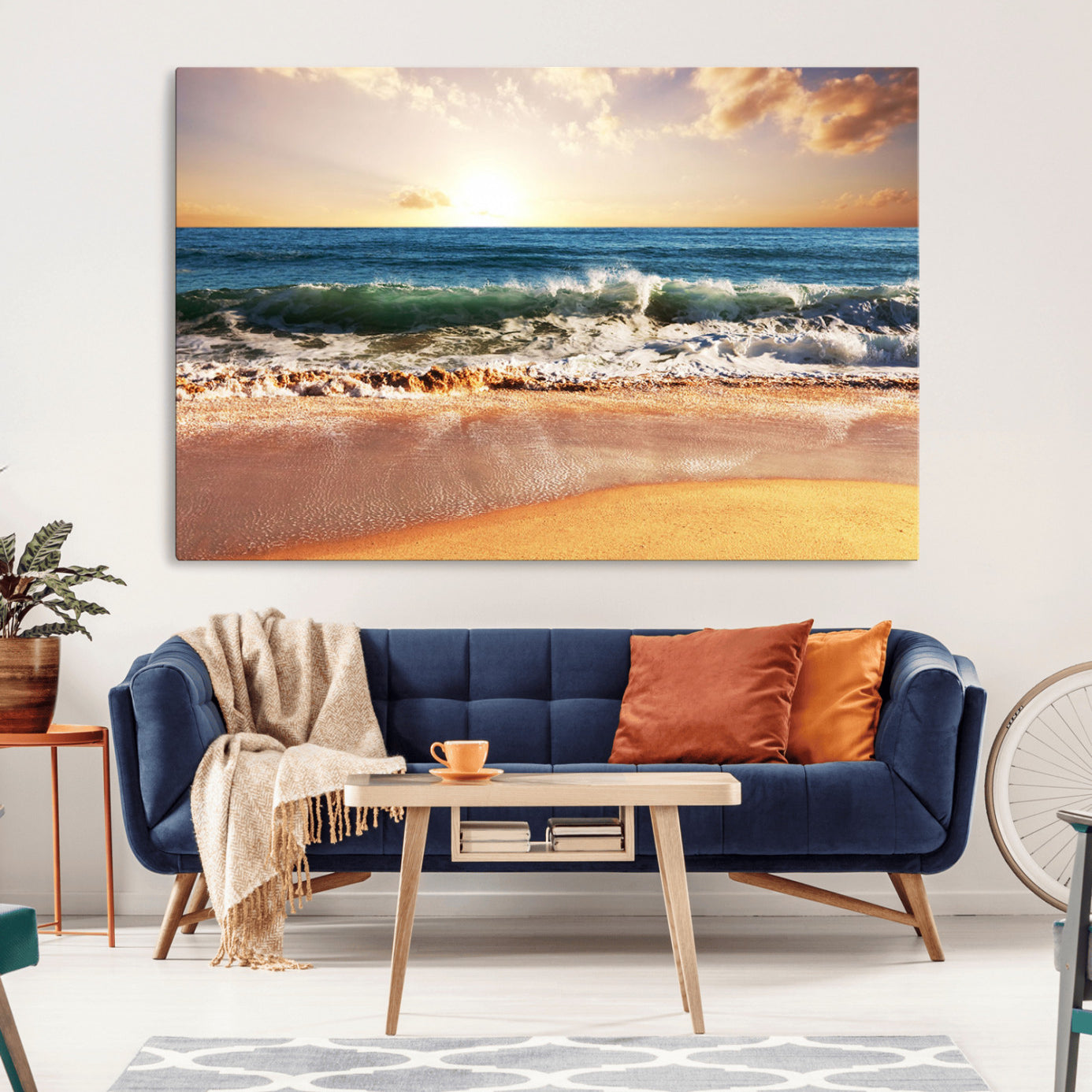 42011-MGV-CV-36X24-Sunset Beach Wall Art - 3-Panel Framed Canvas Print, Ready to Hang Ocean Sunset for Coastal and