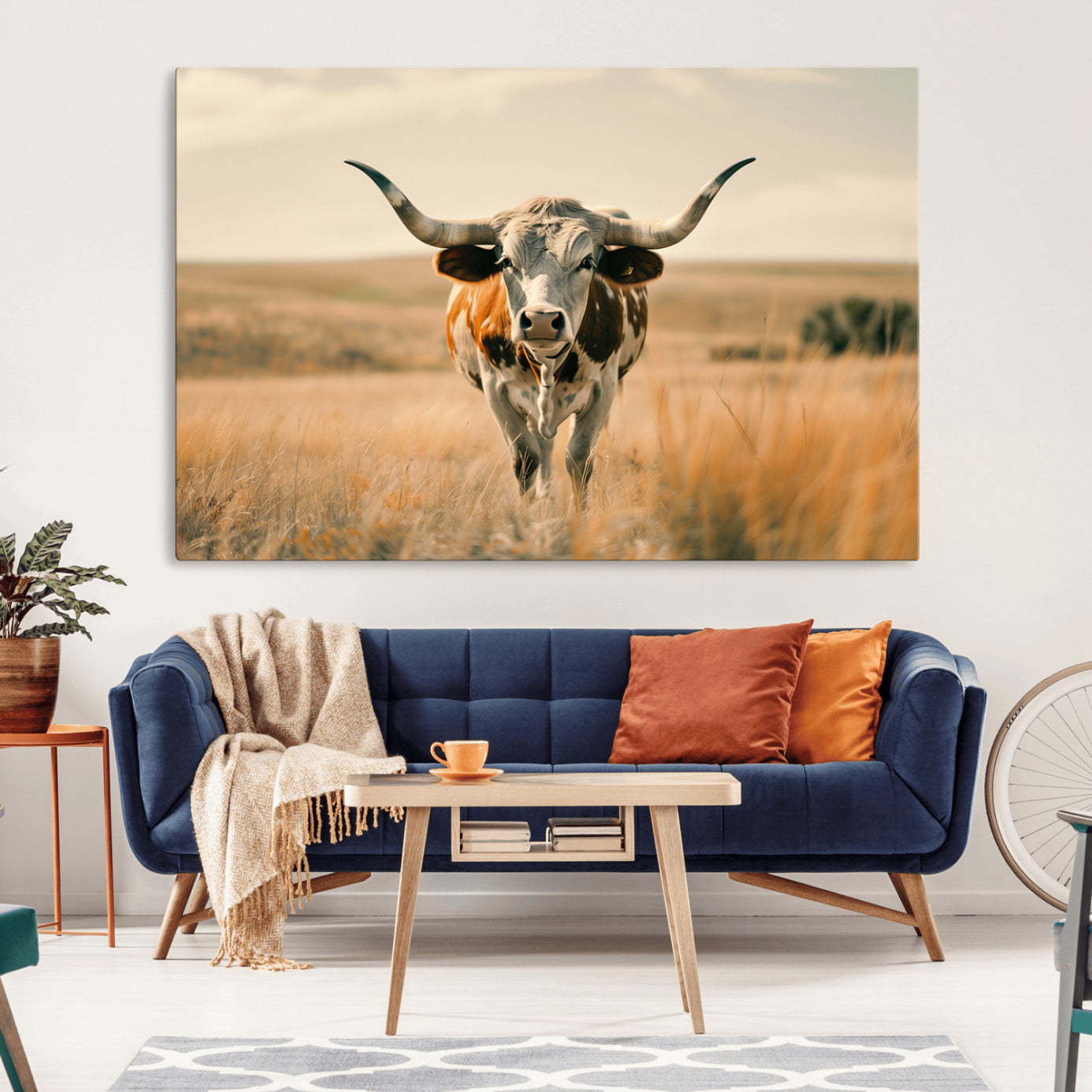 -Texas Cow Longhorn Wall Art Canvas Print for Farm House Wall Decor, Farmhouse Cow Print Canvas Wall