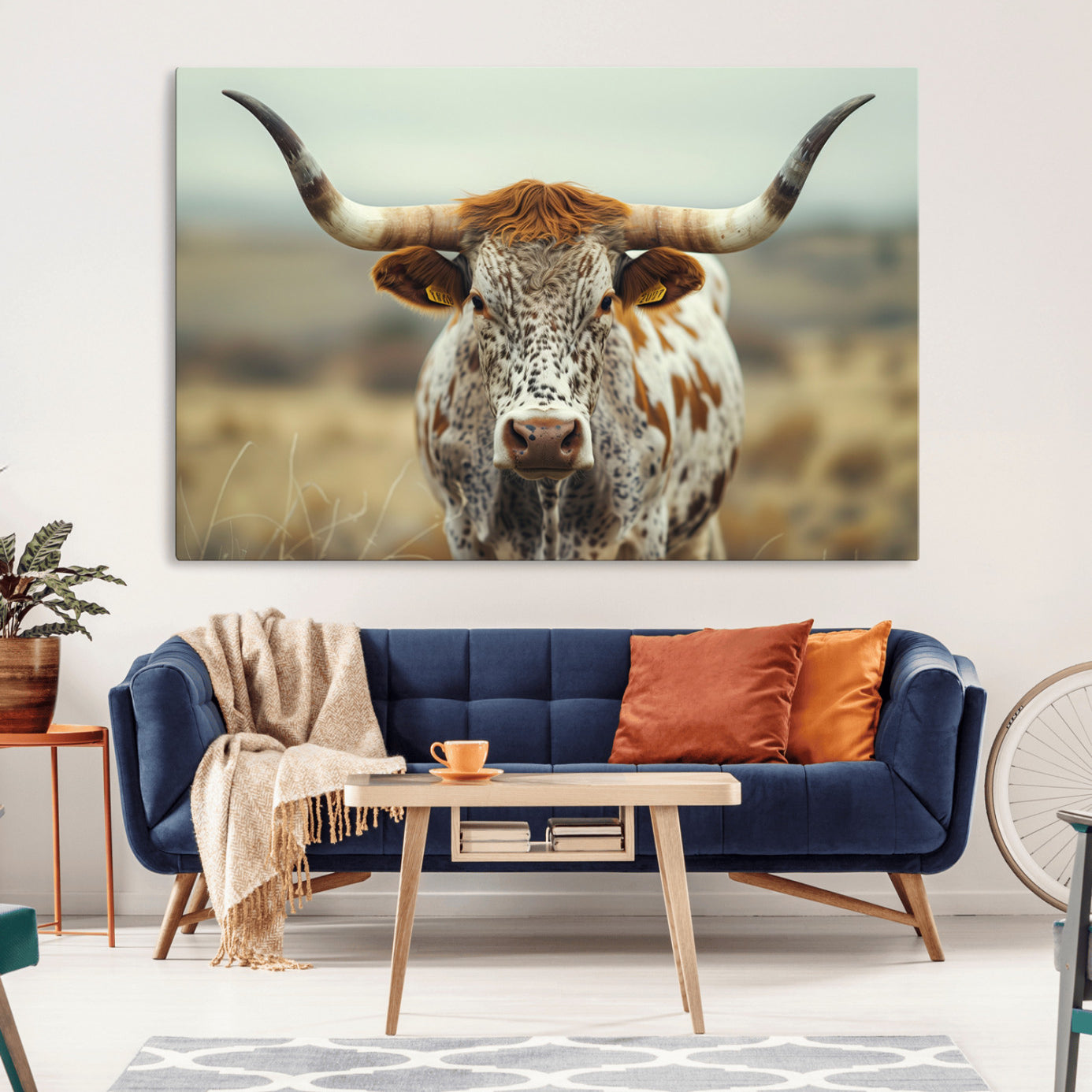 -Texas Cow Longhorn Wall Art Canvas Print for Farm House Wall Decor, Farmhouse Wall Art Print