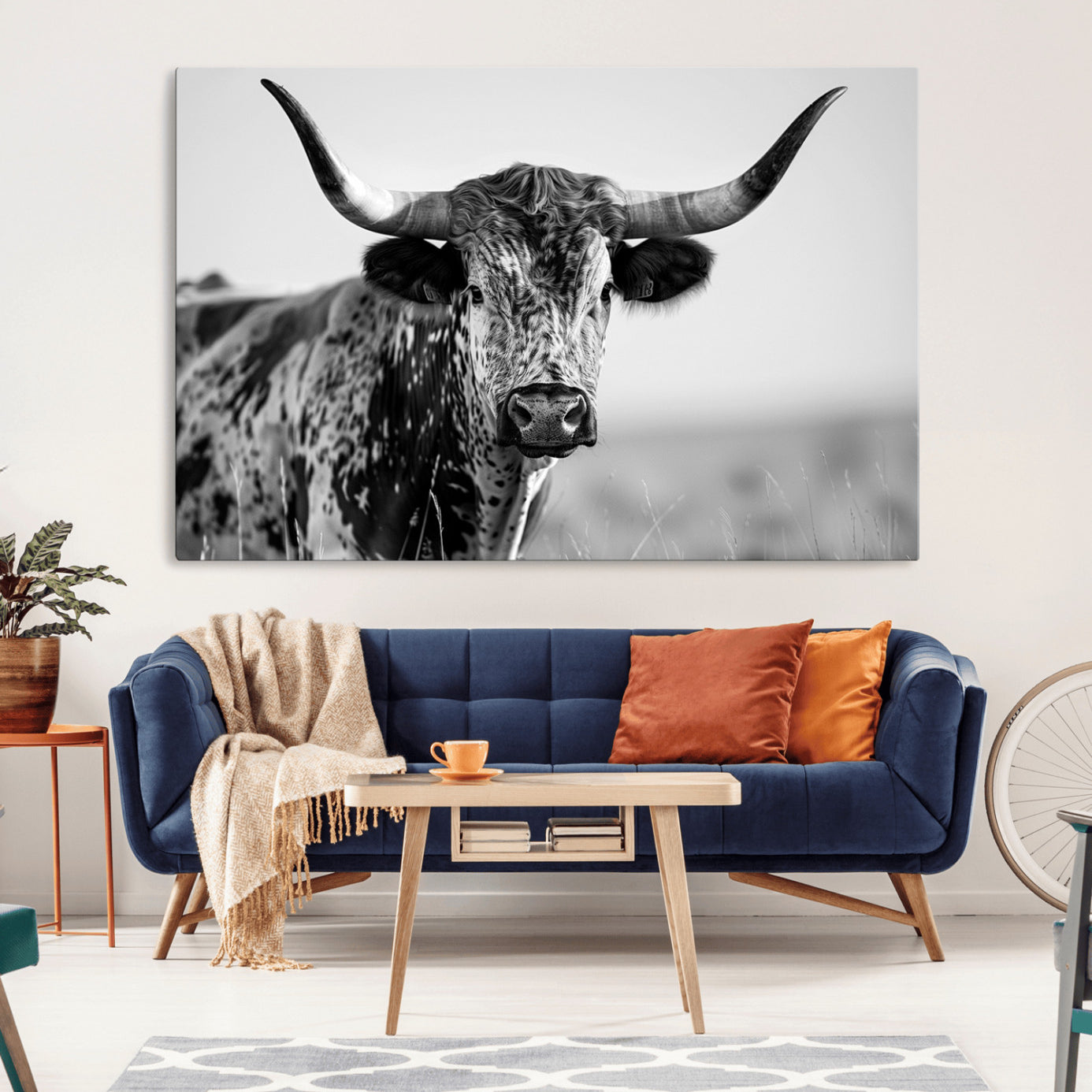 -Texas Highland Cow Longhorn Canvas Print - Rustic Farmhouse Wall Art - Large Texas Longhorn