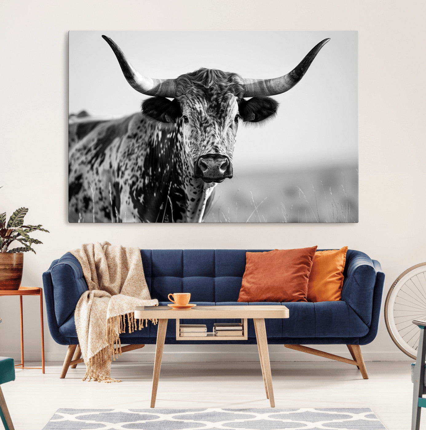 -Texas Highland Cow Longhorn Canvas Print - Rustic Farmhouse Wall Art - Large Texas Longhorn