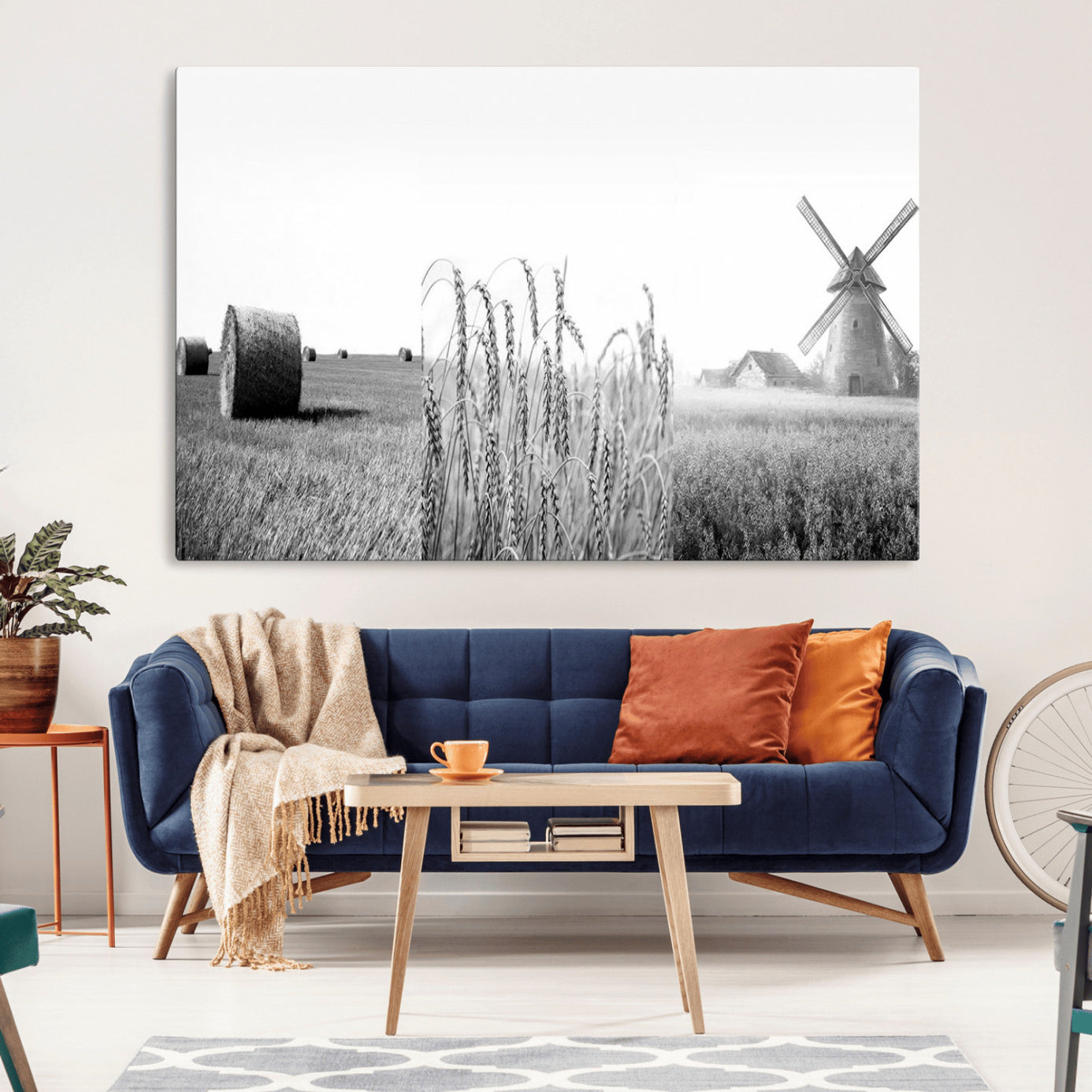 89390-MGV-CV-36X24-Vintage Farmhouse Black and White Triptych Wall Art – Giclee Canvas Featuring Wheat Fields, Hay